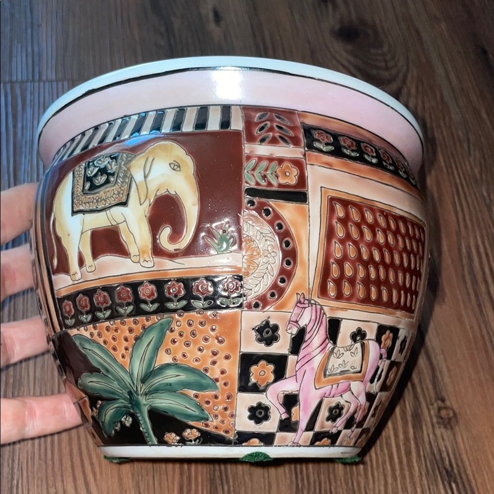 Vintage Rare Oriental Accent Mosaic Pattern Hand Painted Ceramic bowl!RARE